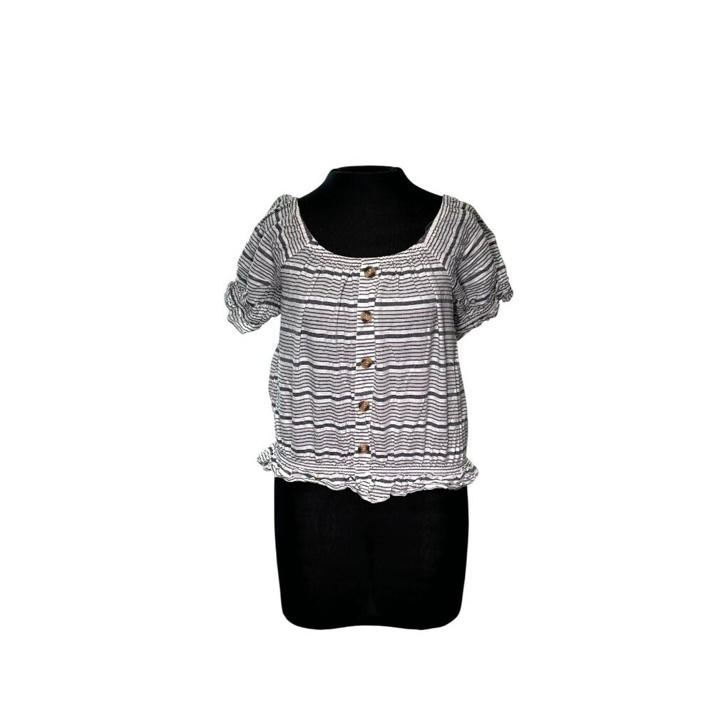 Striped Boho Off-Shoulder Button-Up Blouse With Ruffle Hem